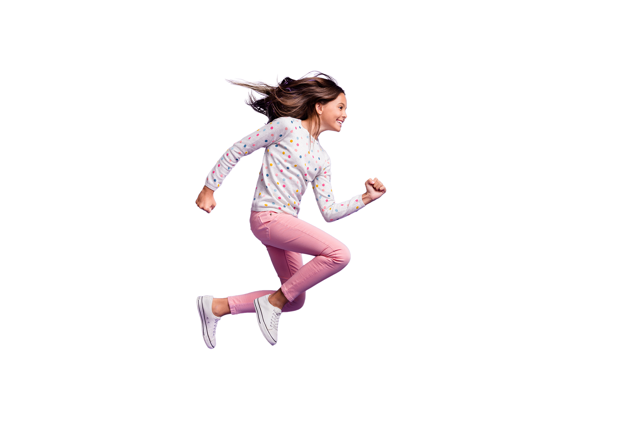 A young girl leaping forwards mid-stride
