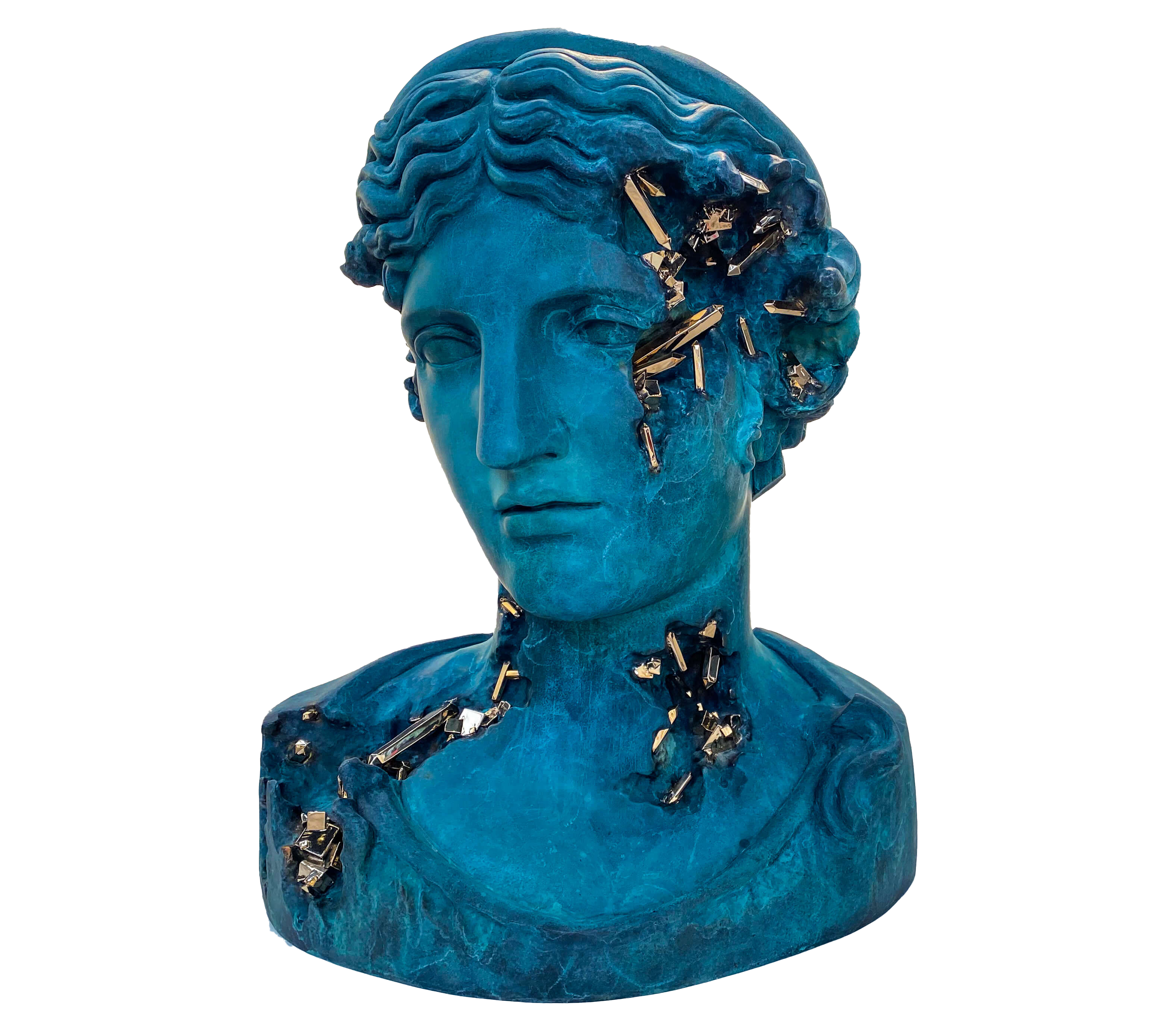 A blue classical bust with gold crystals breaking through the stone