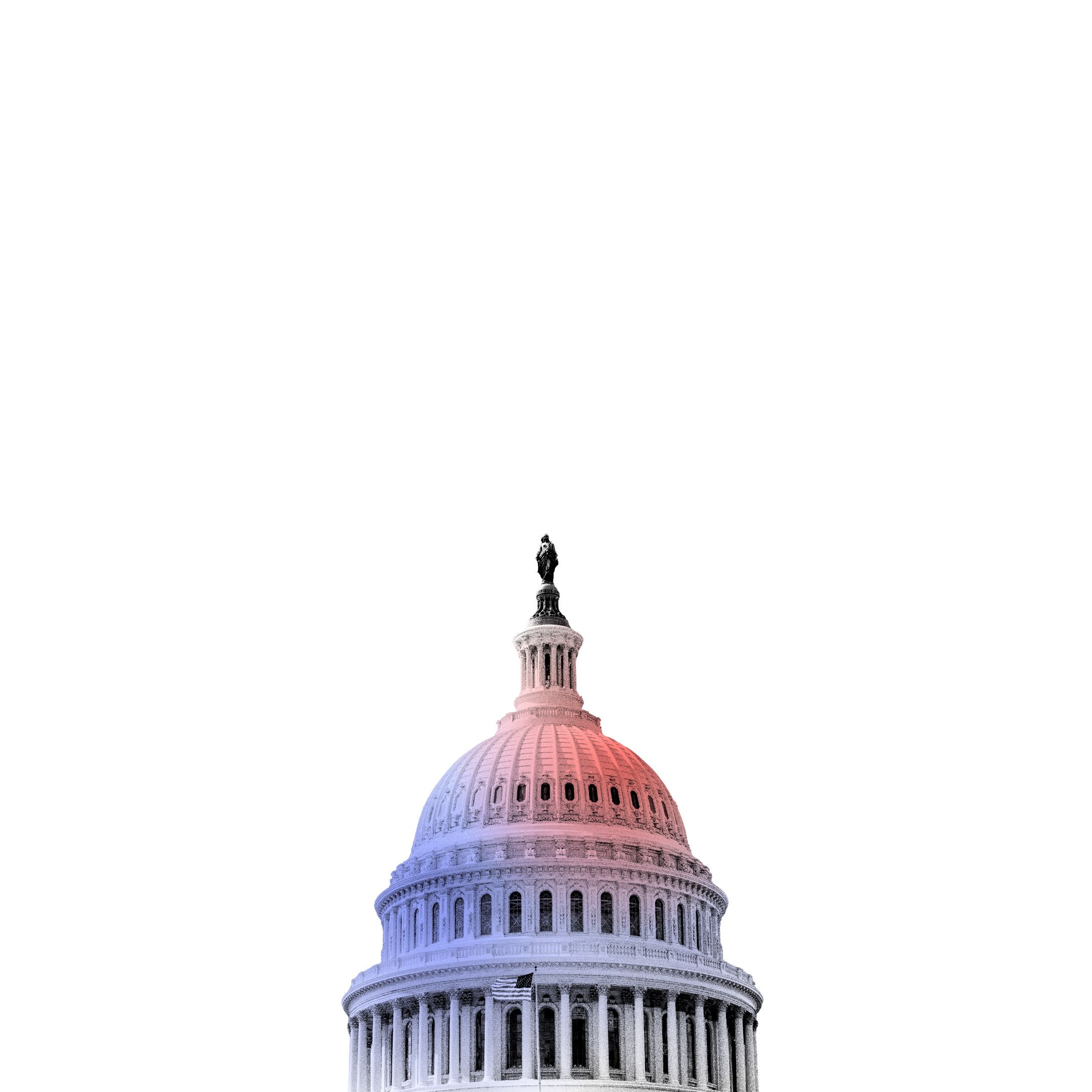 The dome of the US Capitol in grainy black and white with a red and blue wash, among slowly drifting red and blue dots